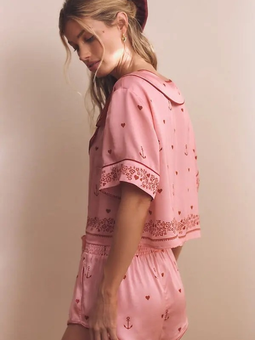 Women's Pink Pajama Shorts with Anchor & Heart Print Anthropologie